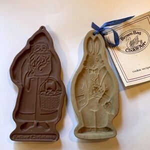 2 Brown Bag Cookie Stoneware Molds Bunny Rabbit 1988 & Father Christmas 1990